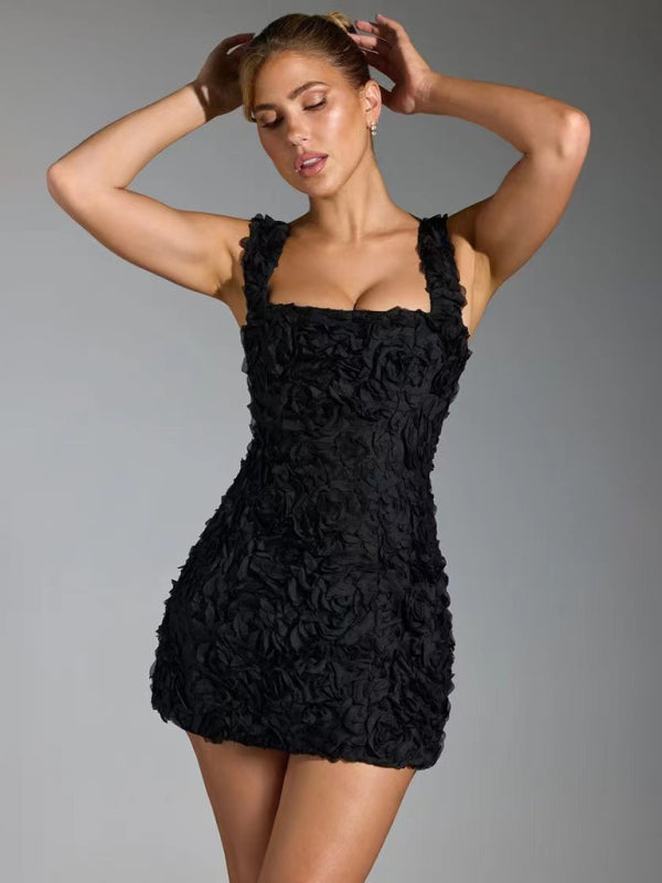 Women’s Mini Dress – Fitted Silhouette – 3D Floral Appliqué – Straight Neckline – Party Wear