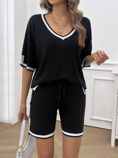 Women's Lounge Set - V-Neck Short Sleeve Top & Drawstring Shorts - Relaxed Fit