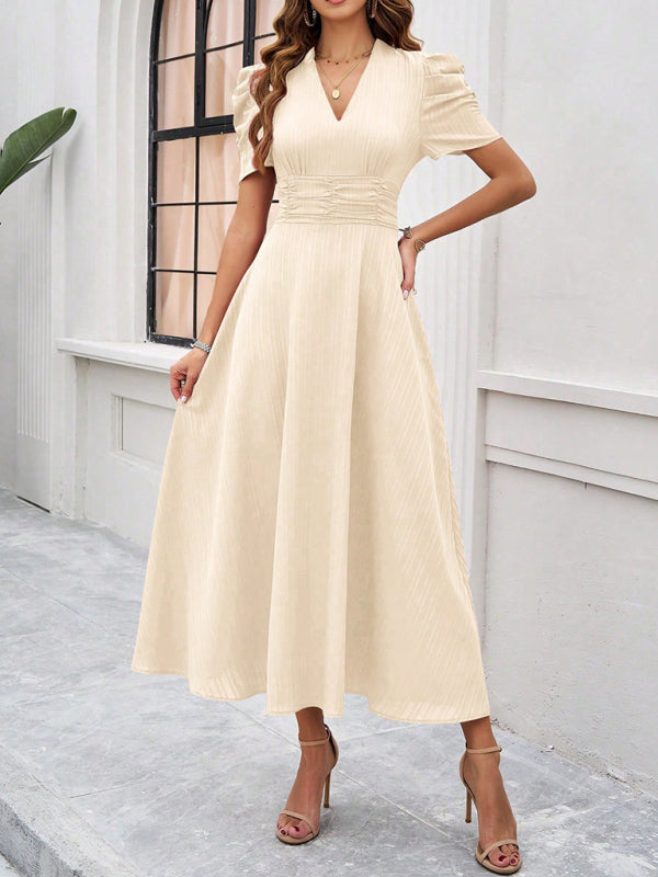 Puff Sleeve Fitted V-Neck Midi Dress