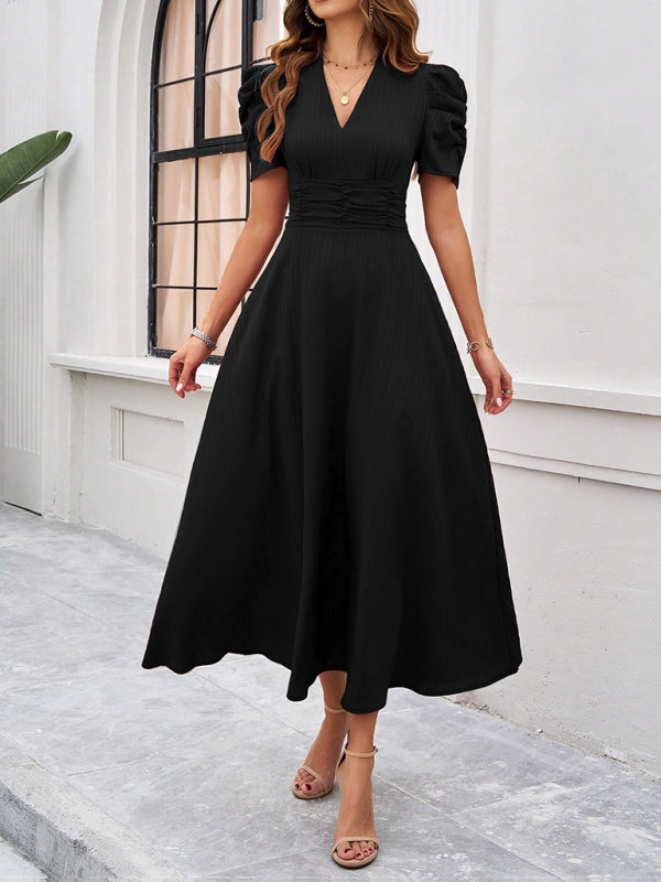 Puff Sleeve Fitted V-Neck Midi Dress