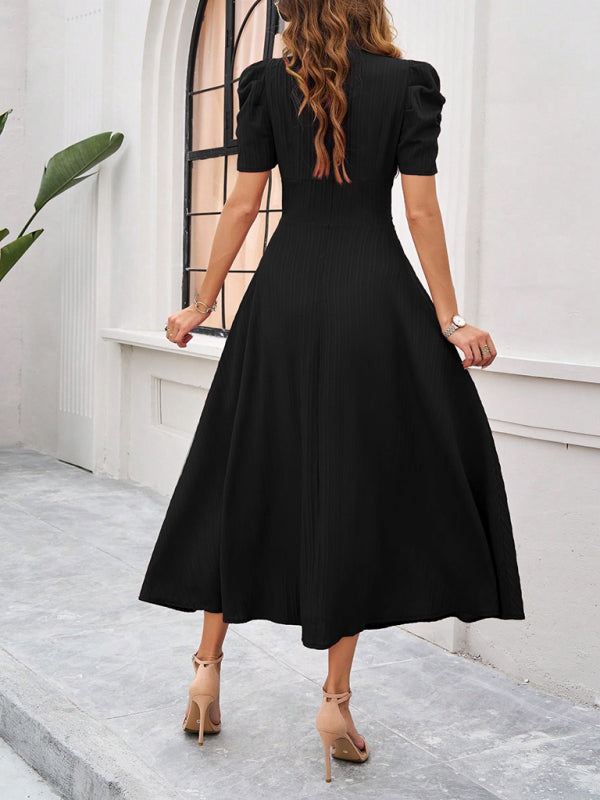 Puff Sleeve Fitted V-Neck Midi Dress