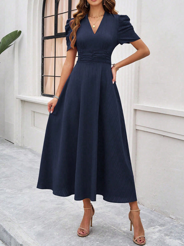 Puff Sleeve Fitted V-Neck Midi Dress
