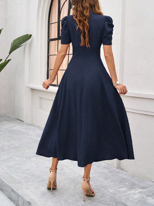Women’s Midi Dress – V-Neck – Puff Sleeve – Fitted Waist – Lightweight A-Line