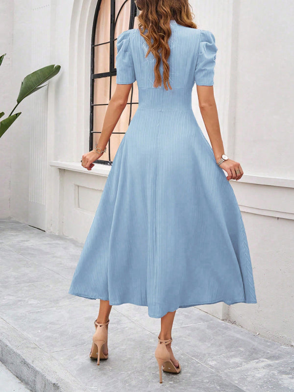 Puff Sleeve Fitted V-Neck Midi Dress
