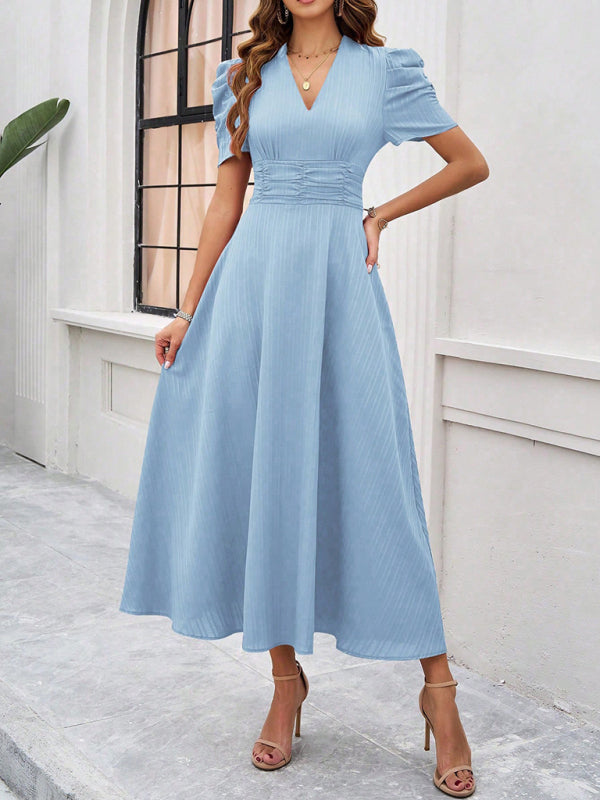 Puff Sleeve Fitted V-Neck Midi Dress