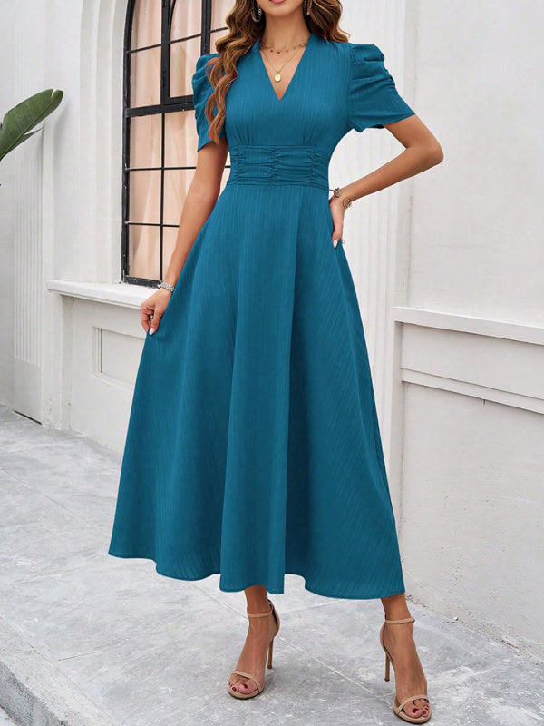 Puff Sleeve Fitted V-Neck Midi Dress
