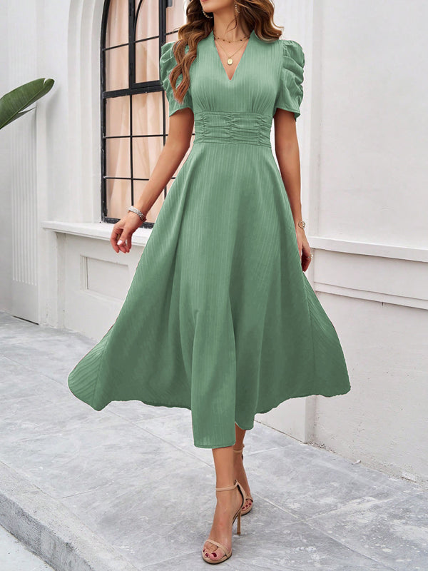 Puff Sleeve Fitted V-Neck Midi Dress