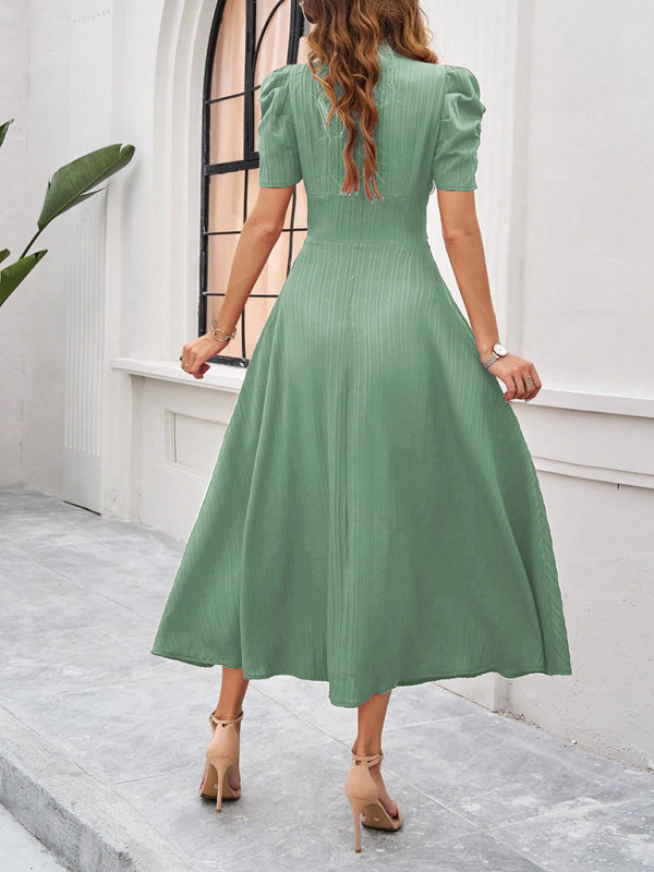 Puff Sleeve Fitted V-Neck Midi Dress