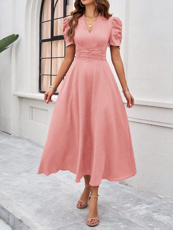 Puff Sleeve Fitted V-Neck Midi Dress