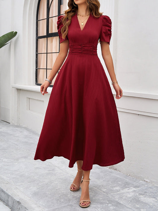 Puff Sleeve Fitted V-Neck Midi Dress