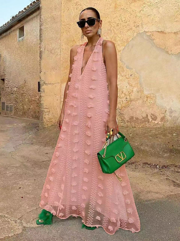 3D Floral Appliqué Halter Neck Maxi Dress