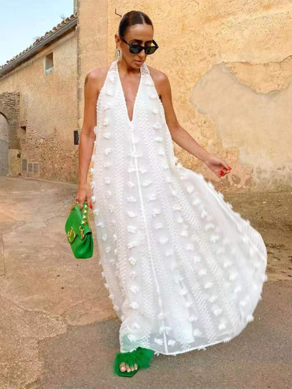3D Floral Appliqué Halter Neck Maxi Dress