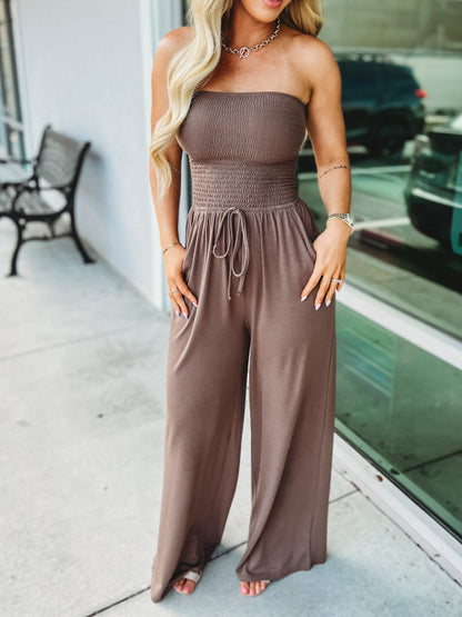 Women's Strapless Jumpsuit - Smocked Bodice - Adjustable Drawstring Waist - Wide Leg