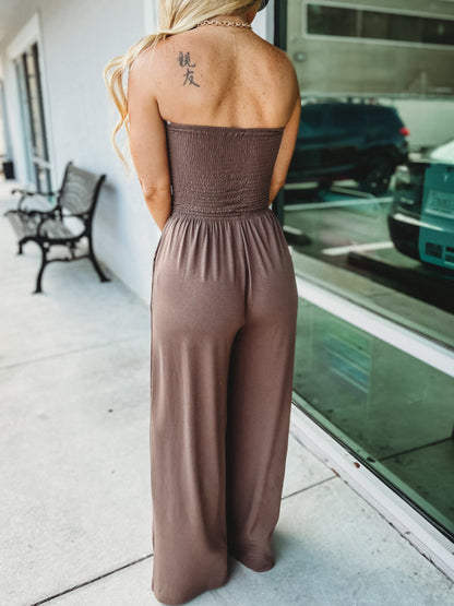 Women's Strapless Jumpsuit - Smocked Bodice - Adjustable Drawstring Waist - Wide Leg