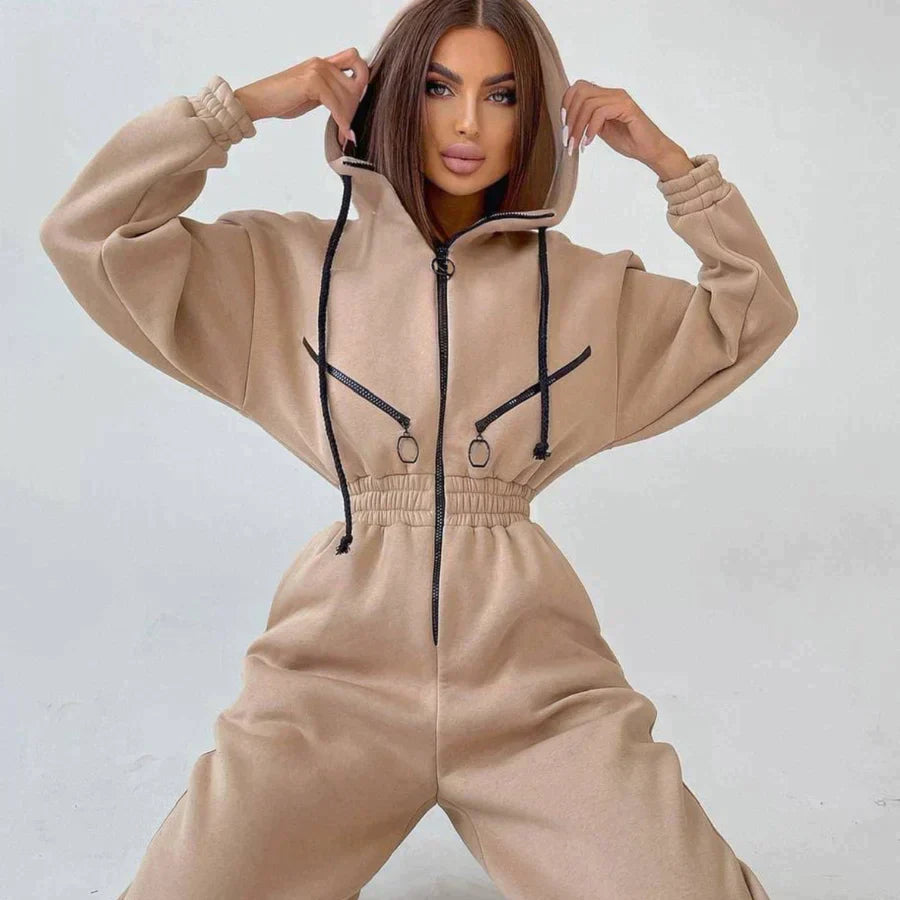 Women's Jumpsuit - Hooded One-Piece - Elastic Waist - Long Sleeve Jogger Style