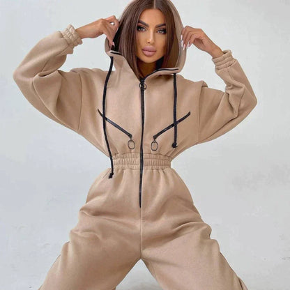 Women's Jumpsuit - Hooded One-Piece - Elastic Waist - Long Sleeve Jogger Style