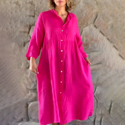 Women's Button-Down Shirt Dress - Loose Fit - Collared V-Neck - Long Sleeve Midi Length