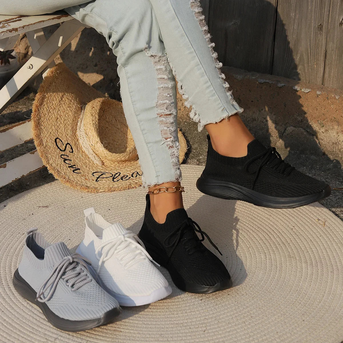 Women's Knit Sneakers - Breathable Slip-On - Lightweight Rubber Sole - Casual Comfort
