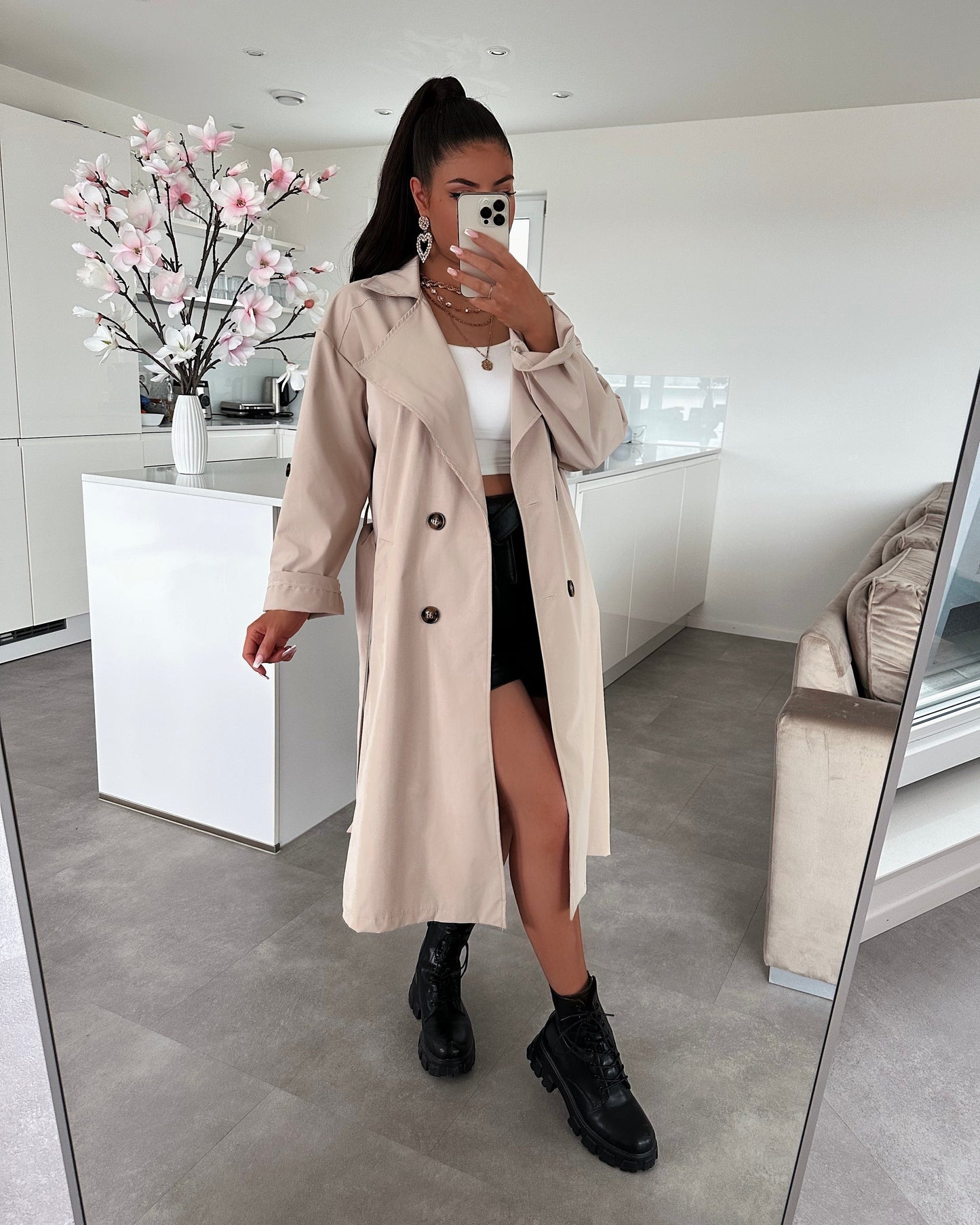 Women's casual belted lapel windbreaker jacket