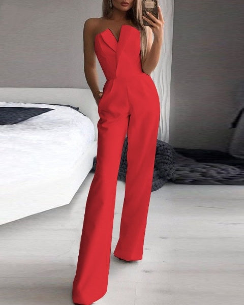 Women’s Jumpsuit – Strapless Off-Shoulder – Wide-Leg Formal Fit – Luxury Fabric – Pockets