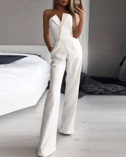 Women’s Jumpsuit – Strapless Off-Shoulder – Wide-Leg Formal Fit – Luxury Fabric – Pockets