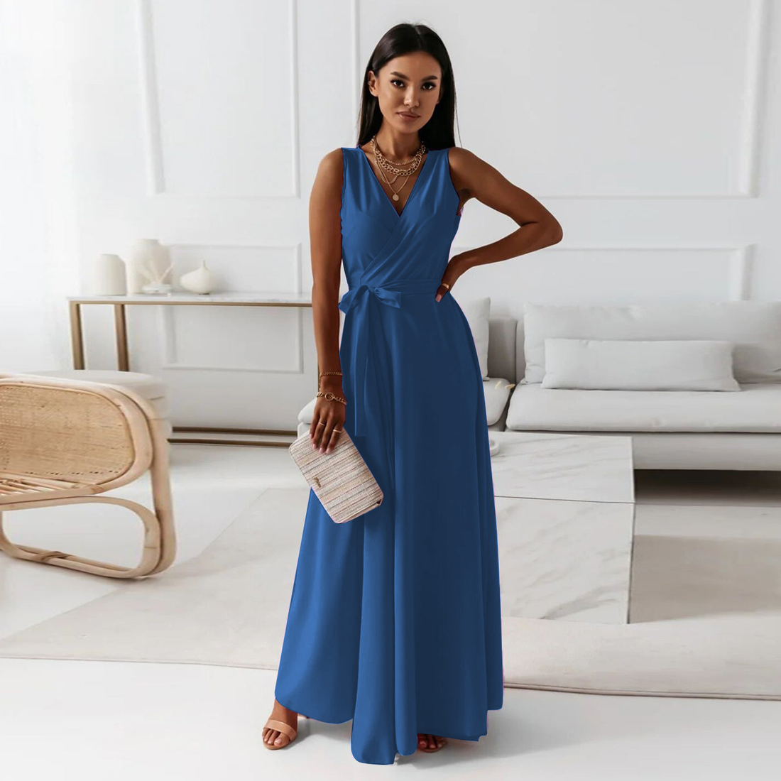 Sleeveless v-neck wrap maxi dress with tie waist for women