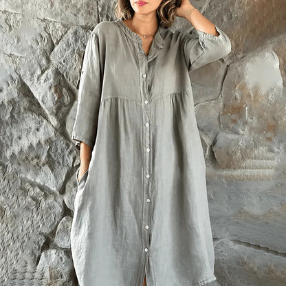 Women's Button-Down Shirt Dress - Loose Fit - Collared V-Neck - Long Sleeve Midi Length