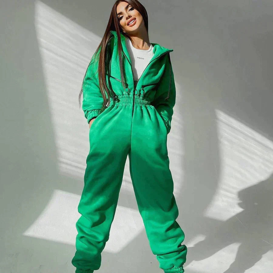 Women's Jumpsuit - Hooded One-Piece - Elastic Waist - Long Sleeve Jogger Style