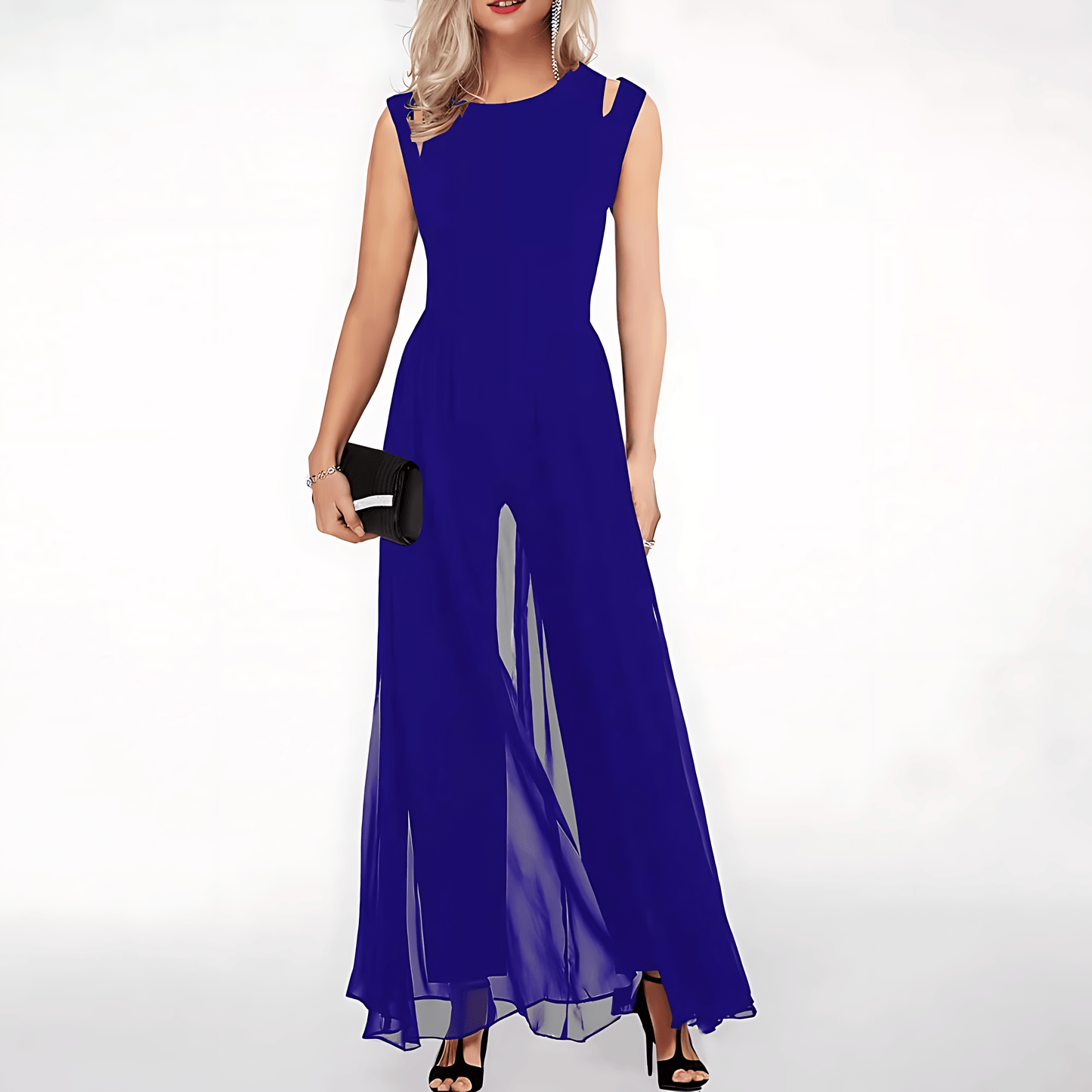 Women's Jumpsuit - Sleeveless Cut-Out Shoulder - Wide-Leg Flowy Overlay - Elegant Formal Wear