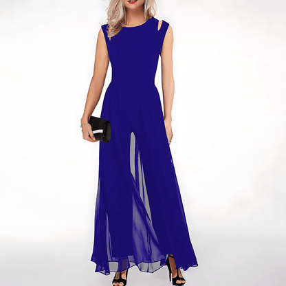 Women's Jumpsuit - Sleeveless Cut-Out Shoulder - Wide-Leg Flowy Overlay - Elegant Formal Wear