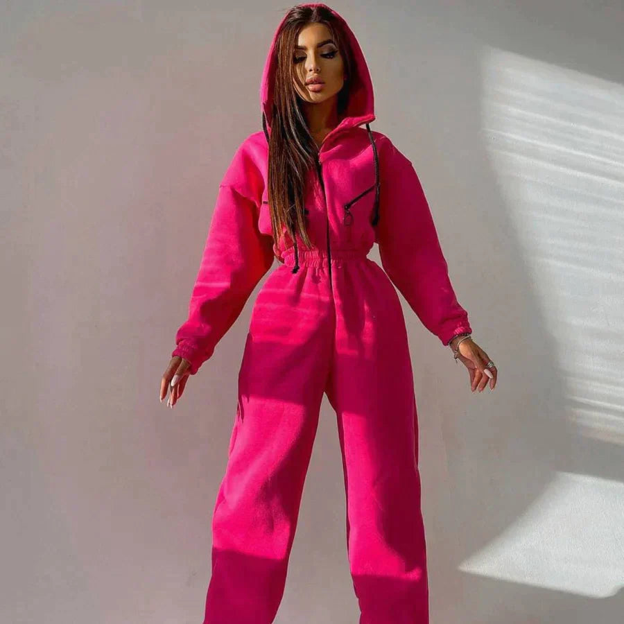 Women's Jumpsuit - Hooded One-Piece - Elastic Waist - Long Sleeve Jogger Style