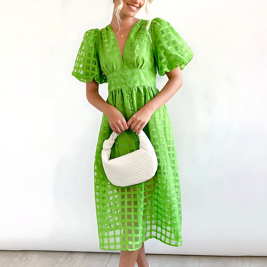 Sheer Grid Pattern Fitted Midi Dress