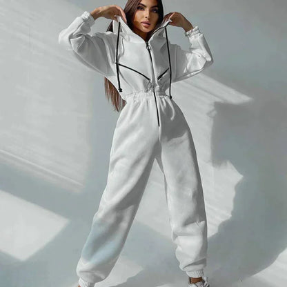 Women's Jumpsuit - Hooded One-Piece - Elastic Waist - Long Sleeve Jogger Style