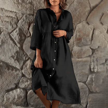 Women's Button-Down Shirt Dress - Loose Fit - Collared V-Neck - Long Sleeve Midi Length