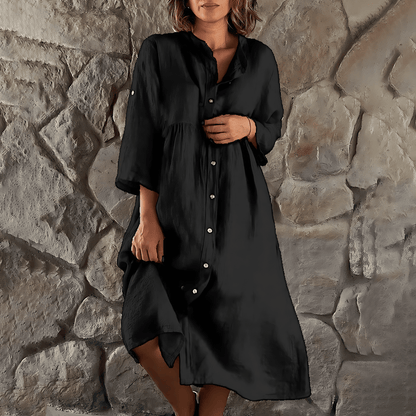 Women's Shirt Dress - Midi Length - Long Sleeve Button-Up - Relaxed Fit
