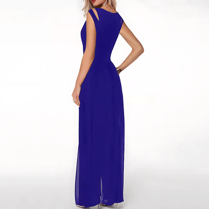 Women's Jumpsuit - Sleeveless Cut-Out Shoulder - Wide-Leg Flowy Overlay - Elegant Formal Wear
