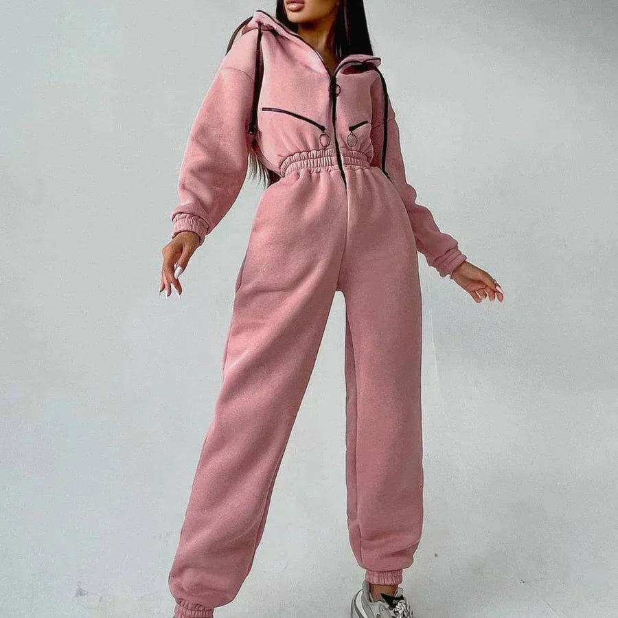 Women's Jumpsuit - Hooded One-Piece - Elastic Waist - Long Sleeve Jogger Style