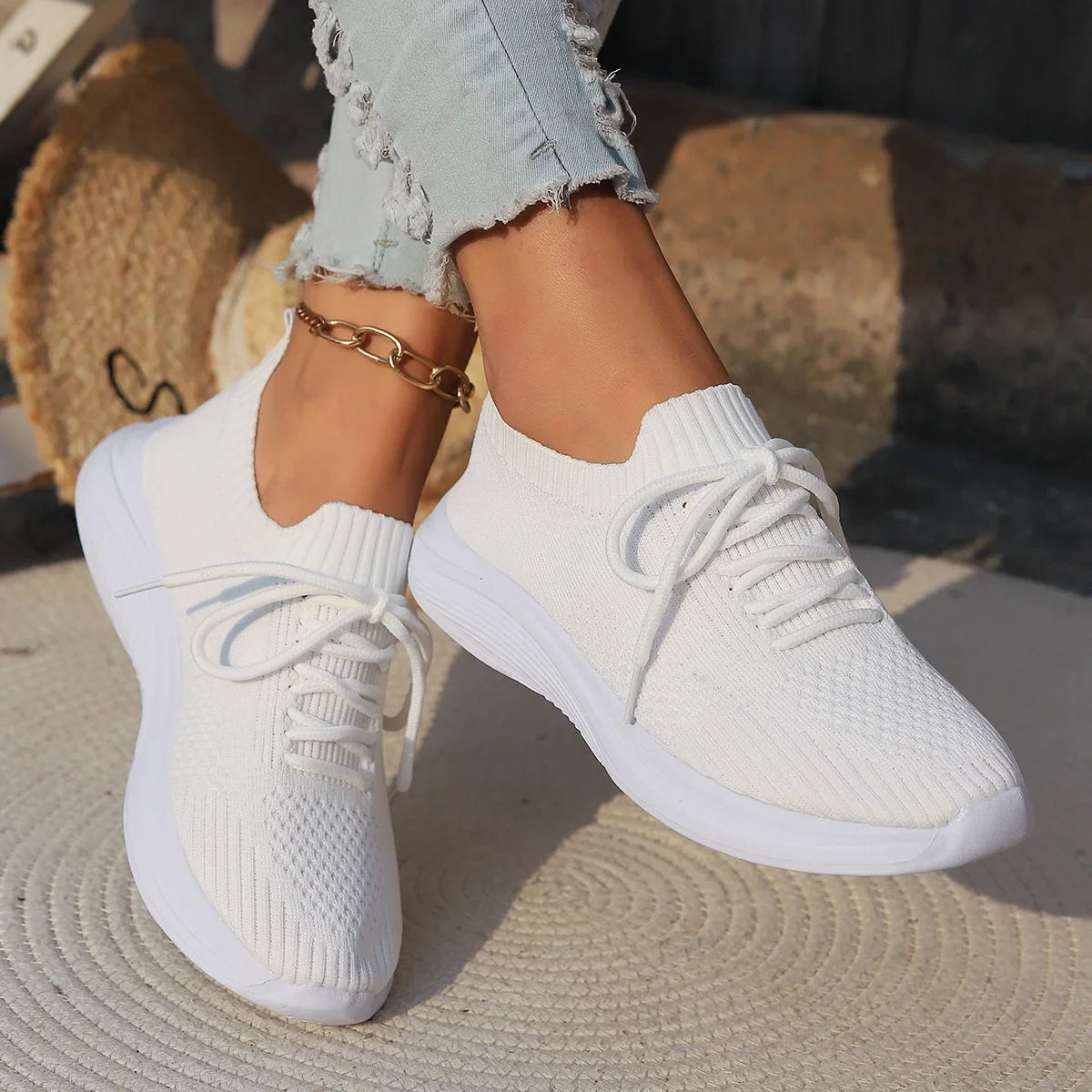 Women's Knit Sneakers - Breathable Slip-On - Lightweight Rubber Sole - Casual Comfort