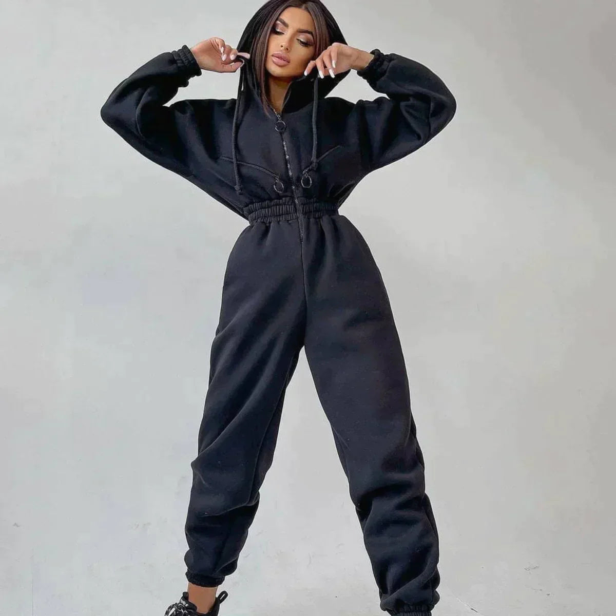 Women's Jumpsuit - Hooded One-Piece - Elastic Waist - Long Sleeve Jogger Style