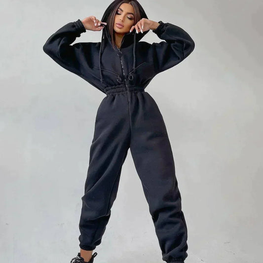 Hooded Elastic Waist Jogger Jumpsuit