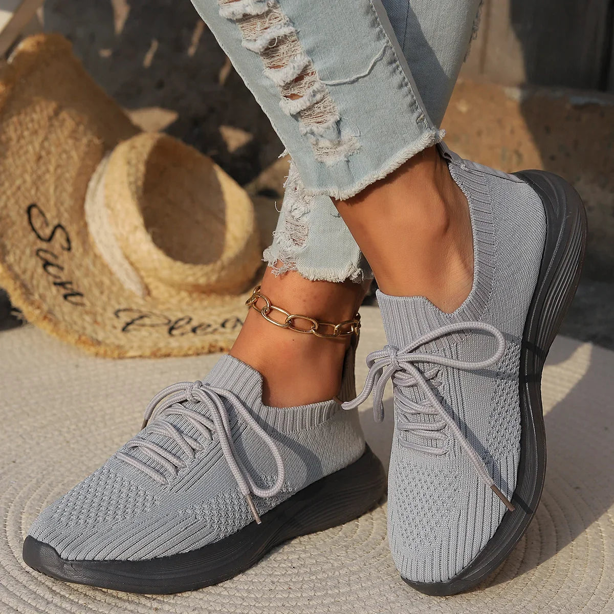 Women's Knit Sneakers - Breathable Slip-On - Lightweight Rubber Sole - Casual Comfort
