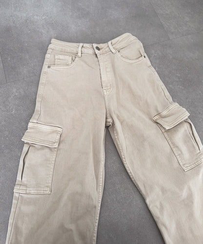 Women's cream washed denim overalls straight pants