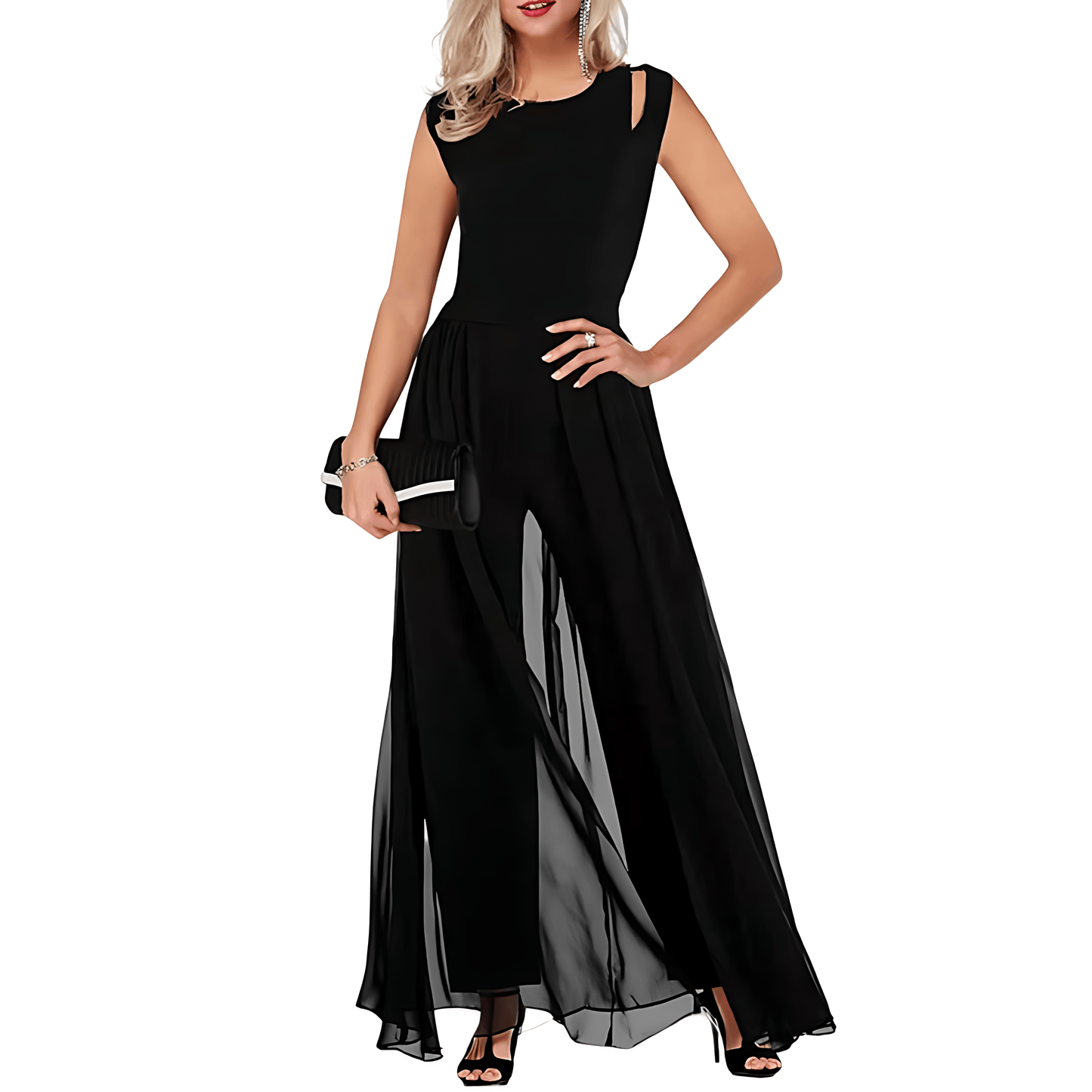 Women's Jumpsuit - Sleeveless Cut-Out Shoulder - Wide-Leg Flowy Overlay - Elegant Formal Wear