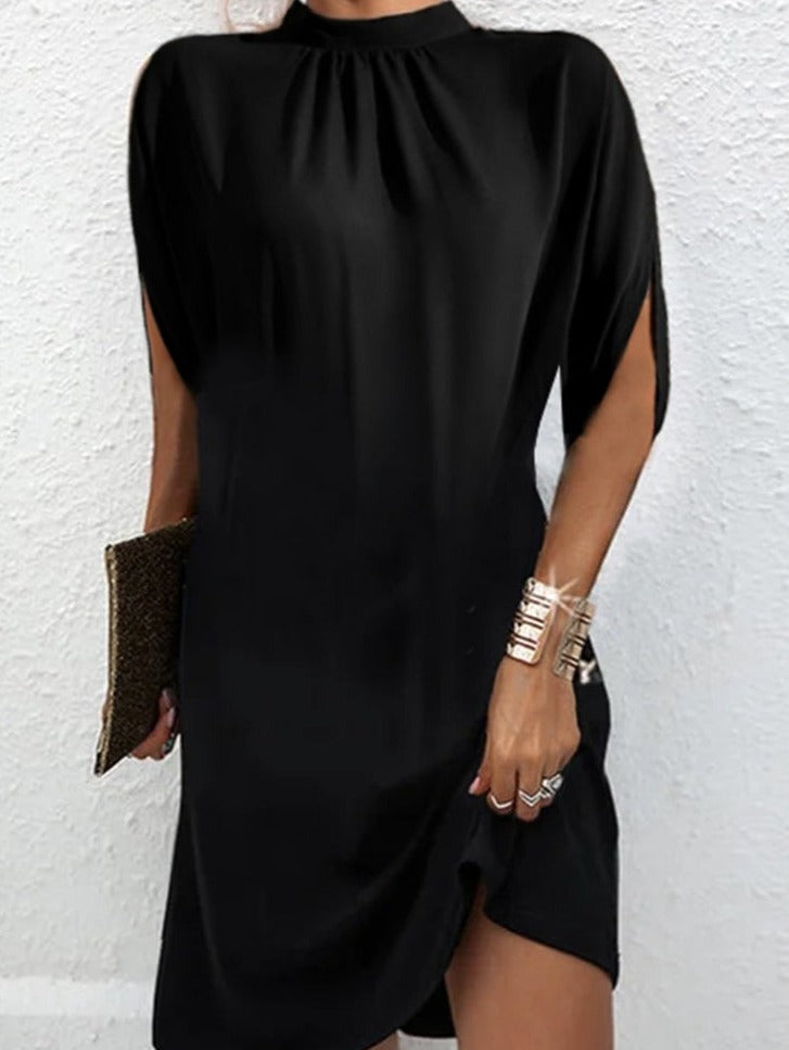 Women's Midi Dress - High Neck - Batwing Sleeves - Flowing Draped Fabric