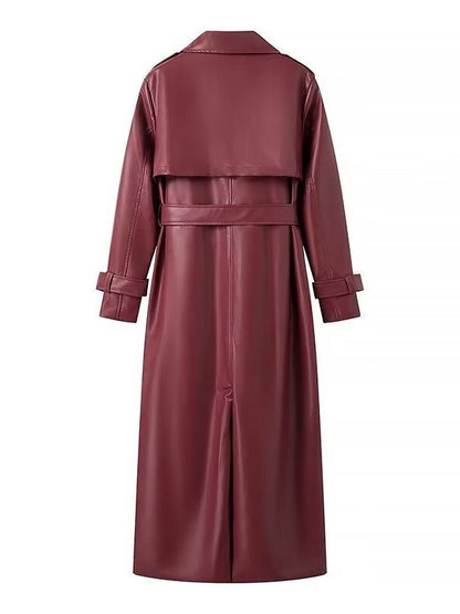 Women’s Trench Coat - Faux Leather - Maxi Length - Notched Lapel