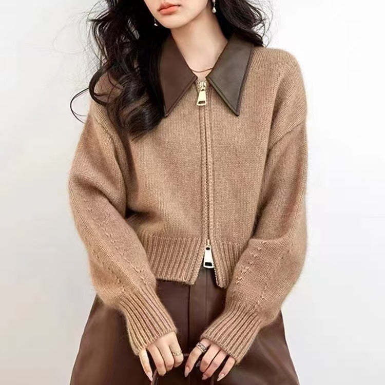 Women’s Cardigan Jacket - Knit - Cropped Length - Spread Collar - Ribbed Cuffs