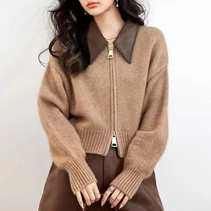 Women’s Cardigan Jacket - Knit - Cropped Length - Spread Collar - Ribbed Cuffs
