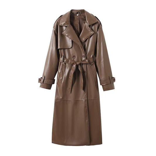 Faux Leather Maxi Length Notched Lapel Trench Coat
