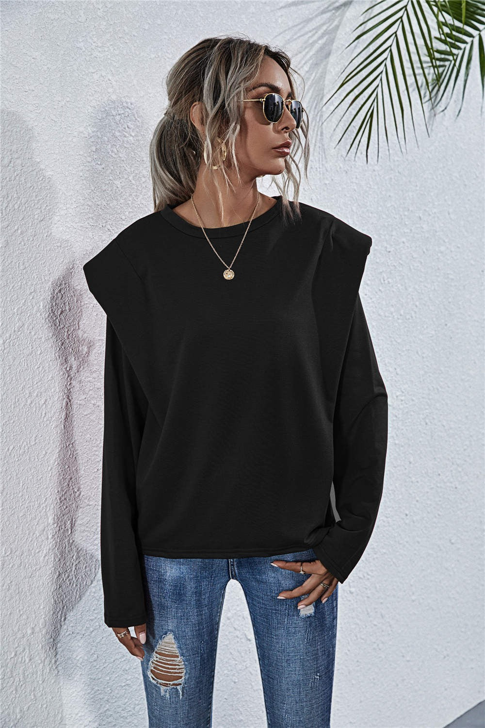 Padded Shoulder Relaxed Fit Cotton Blend Sweatshirt 