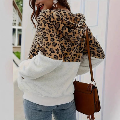 Women’s Hooded Jacket – Plush Fleece – Animal Print Splice – Oversized Fit – Full Zip